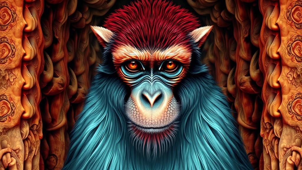 Surreal Monkey Portrait in Fantasy Mirror Landscape