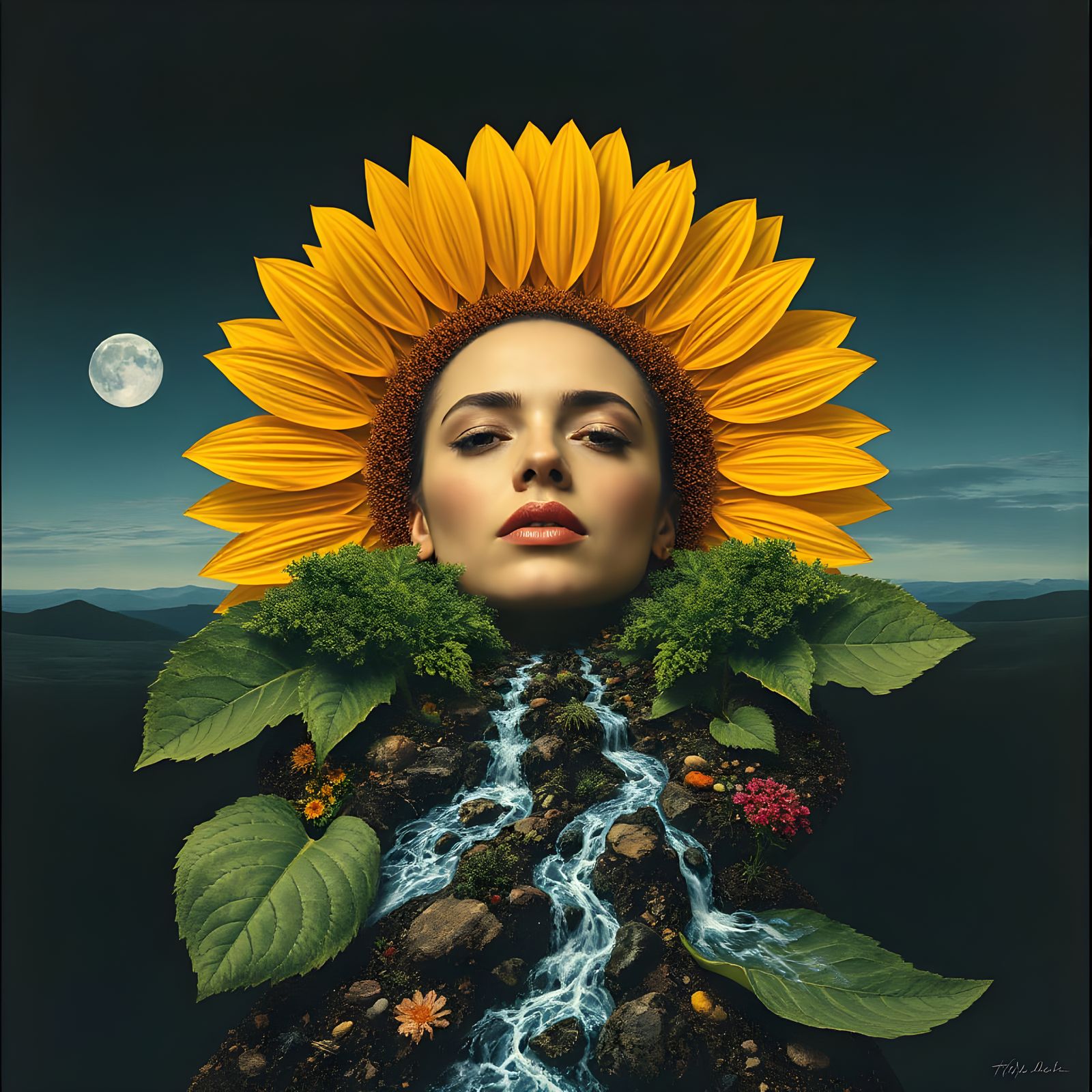 A Face Emerges from the Sunflower's Heart, Nourished by Tear...