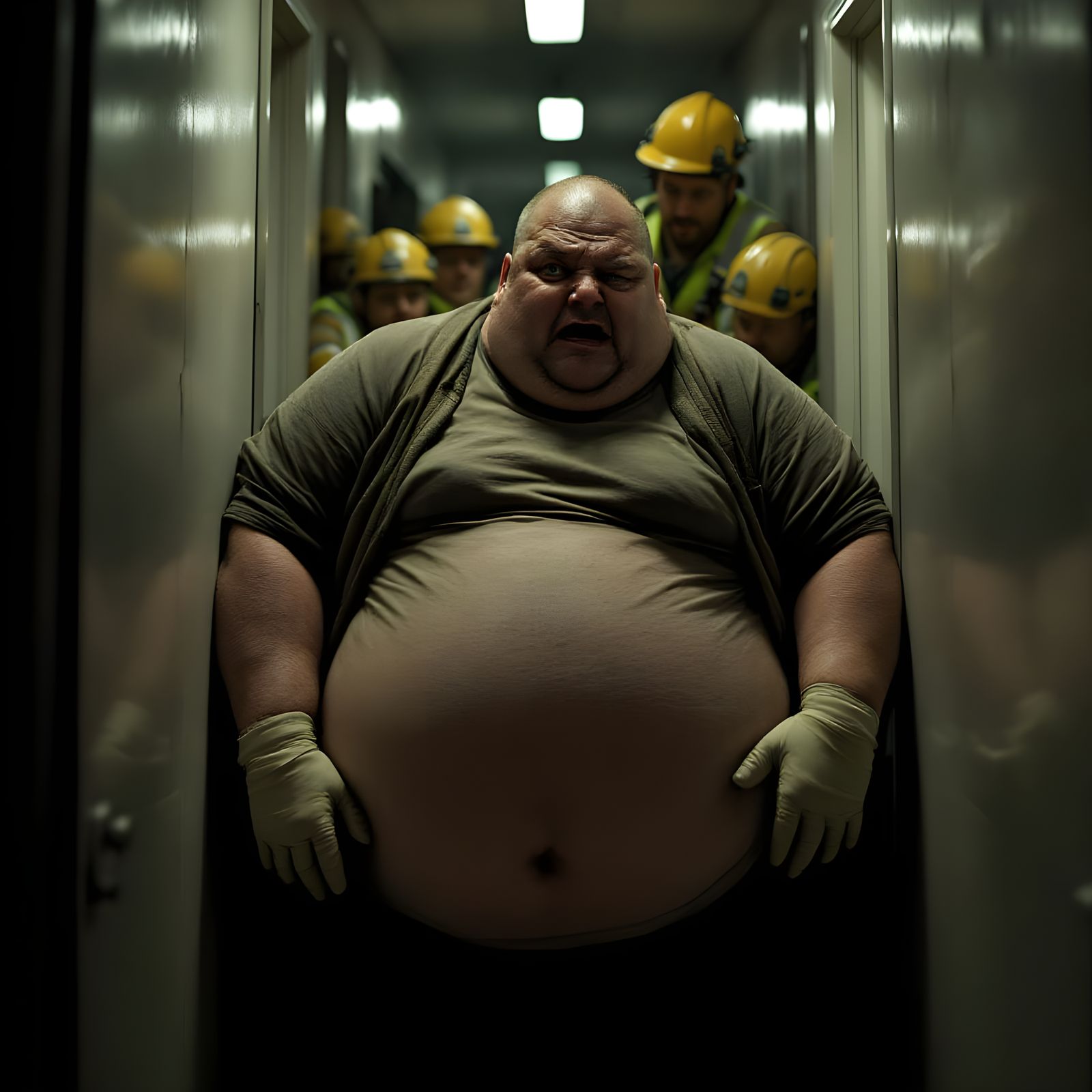 Emergency Services Assist Man in Hallway: Cinematic Still