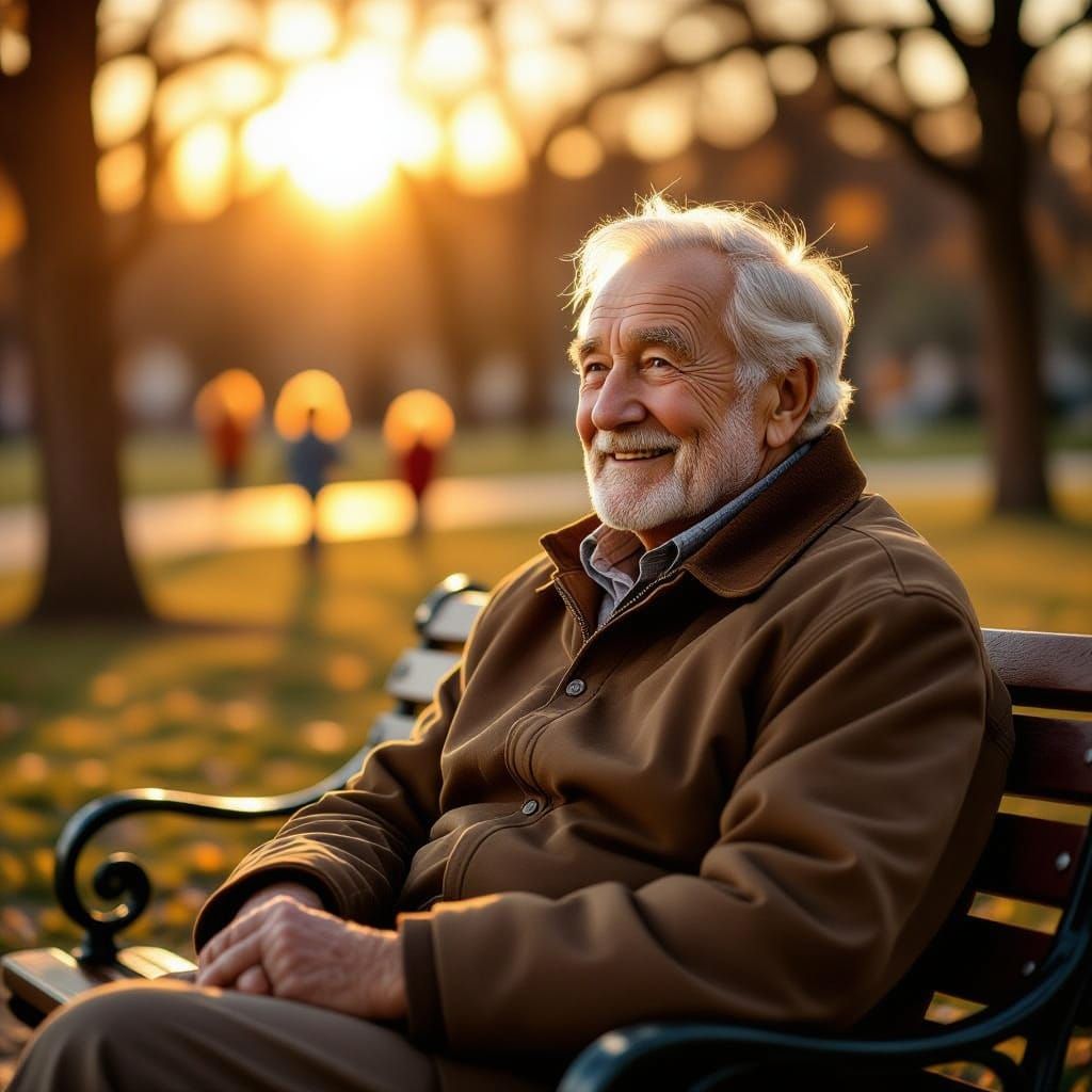 Elderly Man on Park Bench in Golden Hour Light