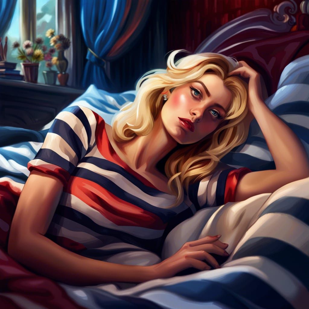 Blonde in Stripes on Velvet Bed, Cartoon Art