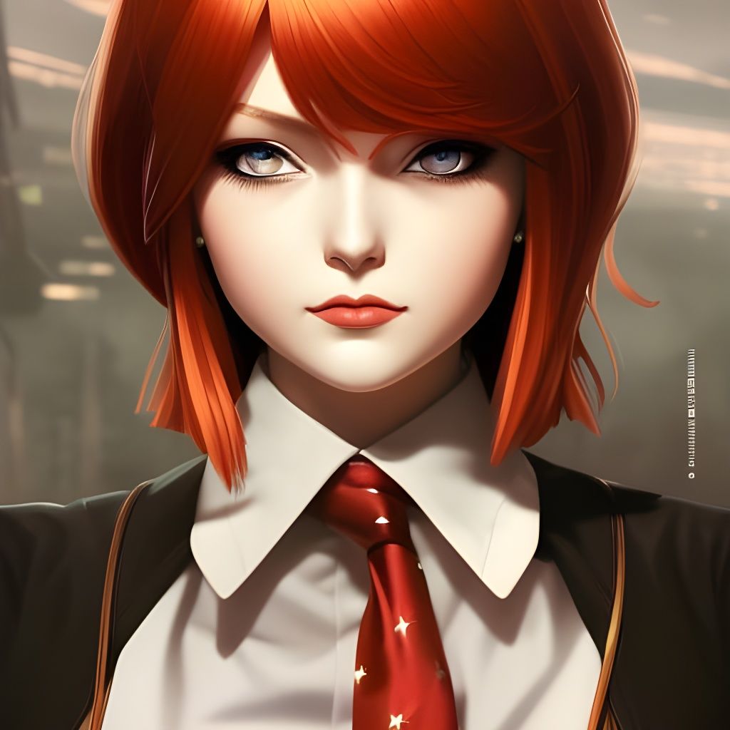 Redhead Girl Portrait with Yellow Eyes in Anime Style