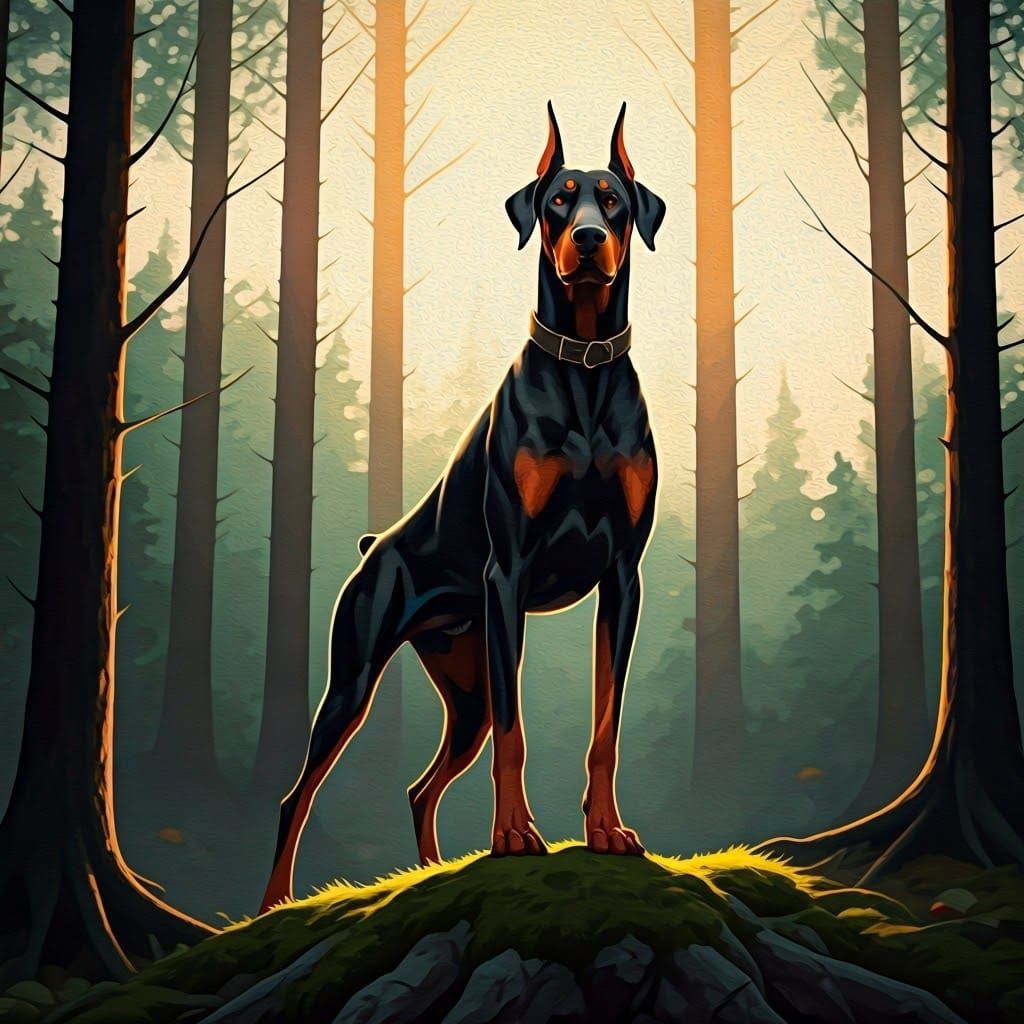 Strong Doberman Dog Standing on Forest Ridge