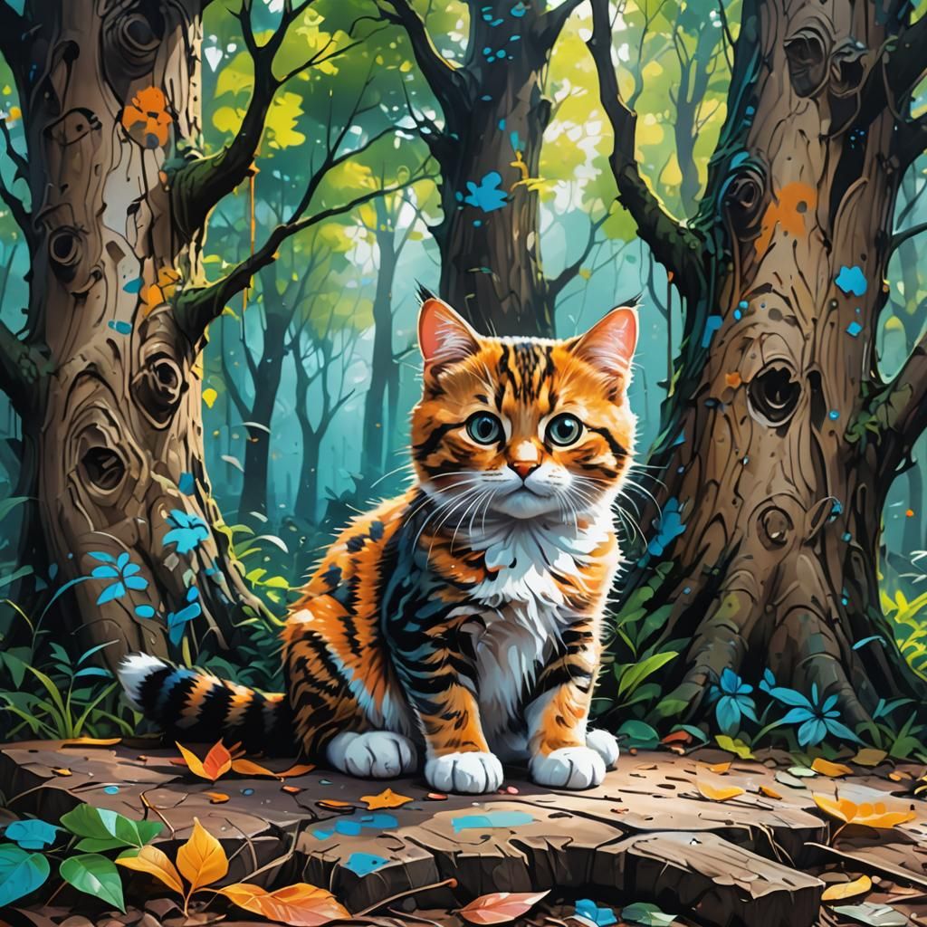 Cute Cat in Forest Graffiti Art