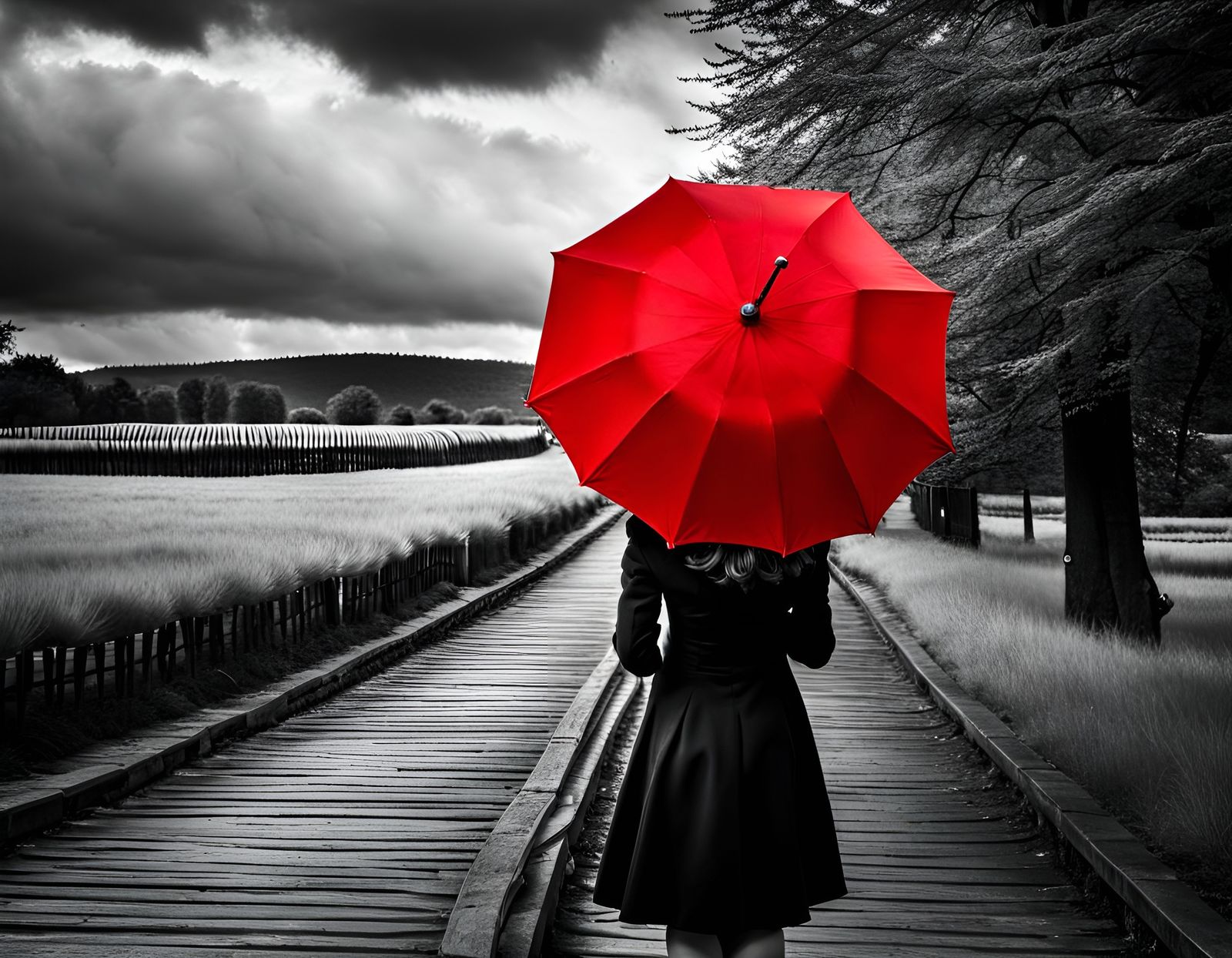 Girl with Red Umbrella in Selective Color