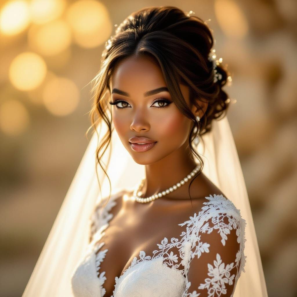 Beautiful Bride in Lace Wedding Dress with Pearl Necklace