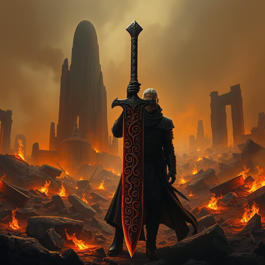 Ancient Blade in Ashen Ruins, Dark Fantasy Style
