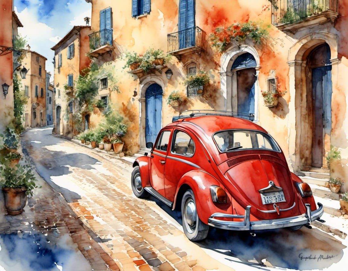 Vintage Italian Poster of Red Beetle and Vespa