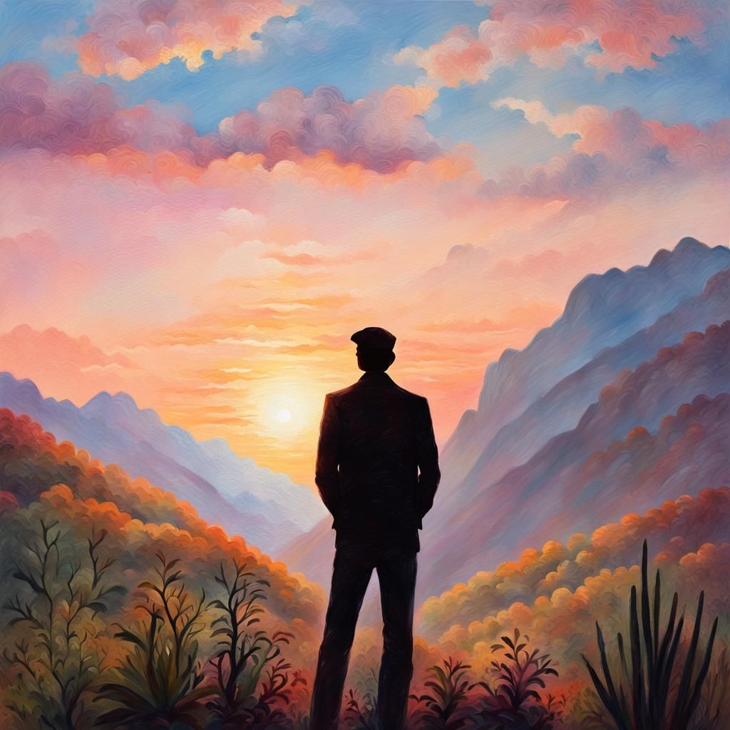 Silhouette of Man Between Mountains Oil Painting