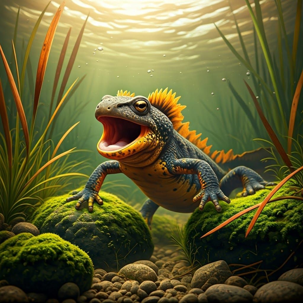 Lifelike Closeup of a Great Crested Newt in Swampy Waters