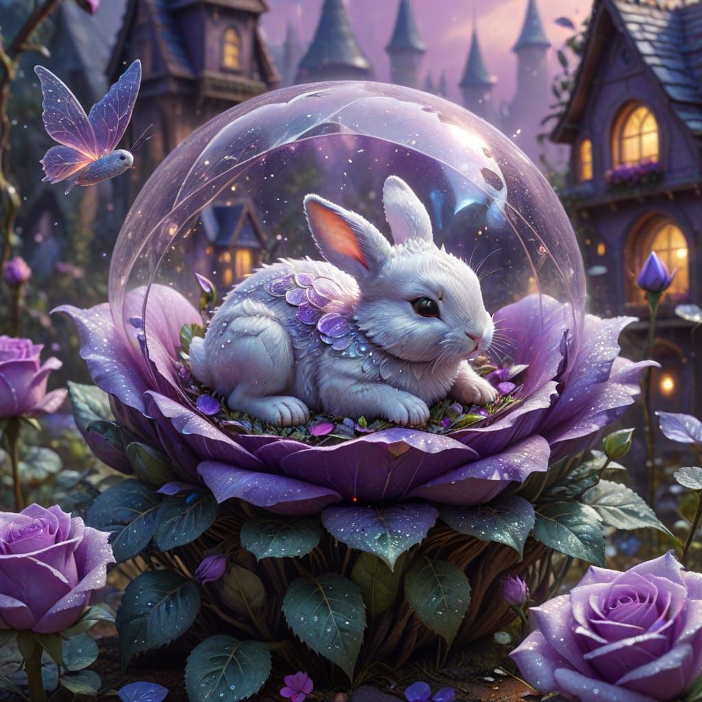 Tiny Bunny Sleeps in Giant Rose, Ethereal Fantasy Scene