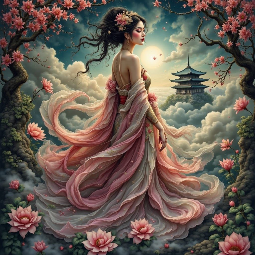 Ethereal Japanese Goddess in Spectral Castle Oil Painting
