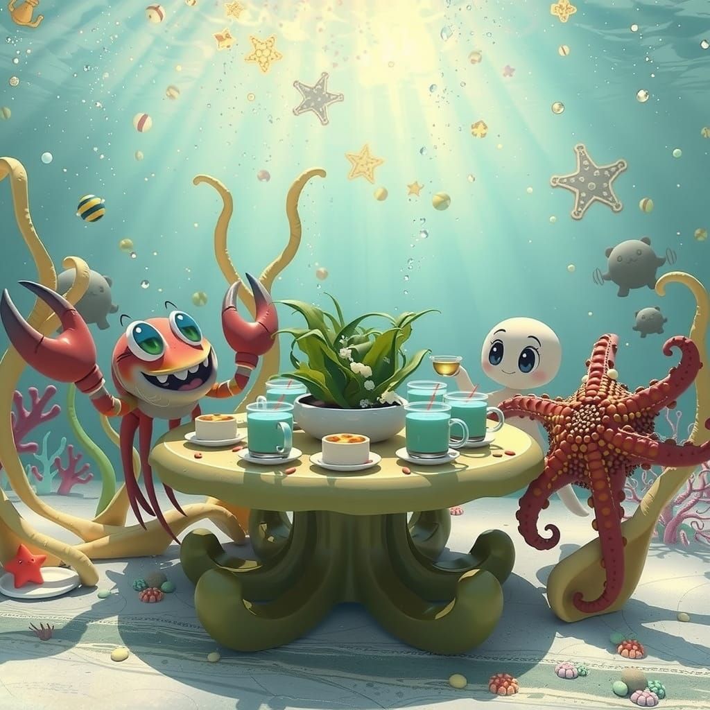 Underwater Tea Party with Cartoon Sea Creatures in 3D Anime