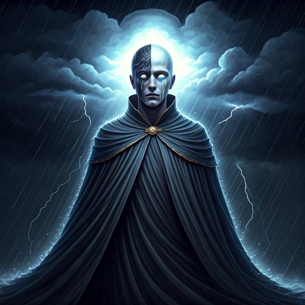 Storm-Cloaked Figure in a Moody Landscape