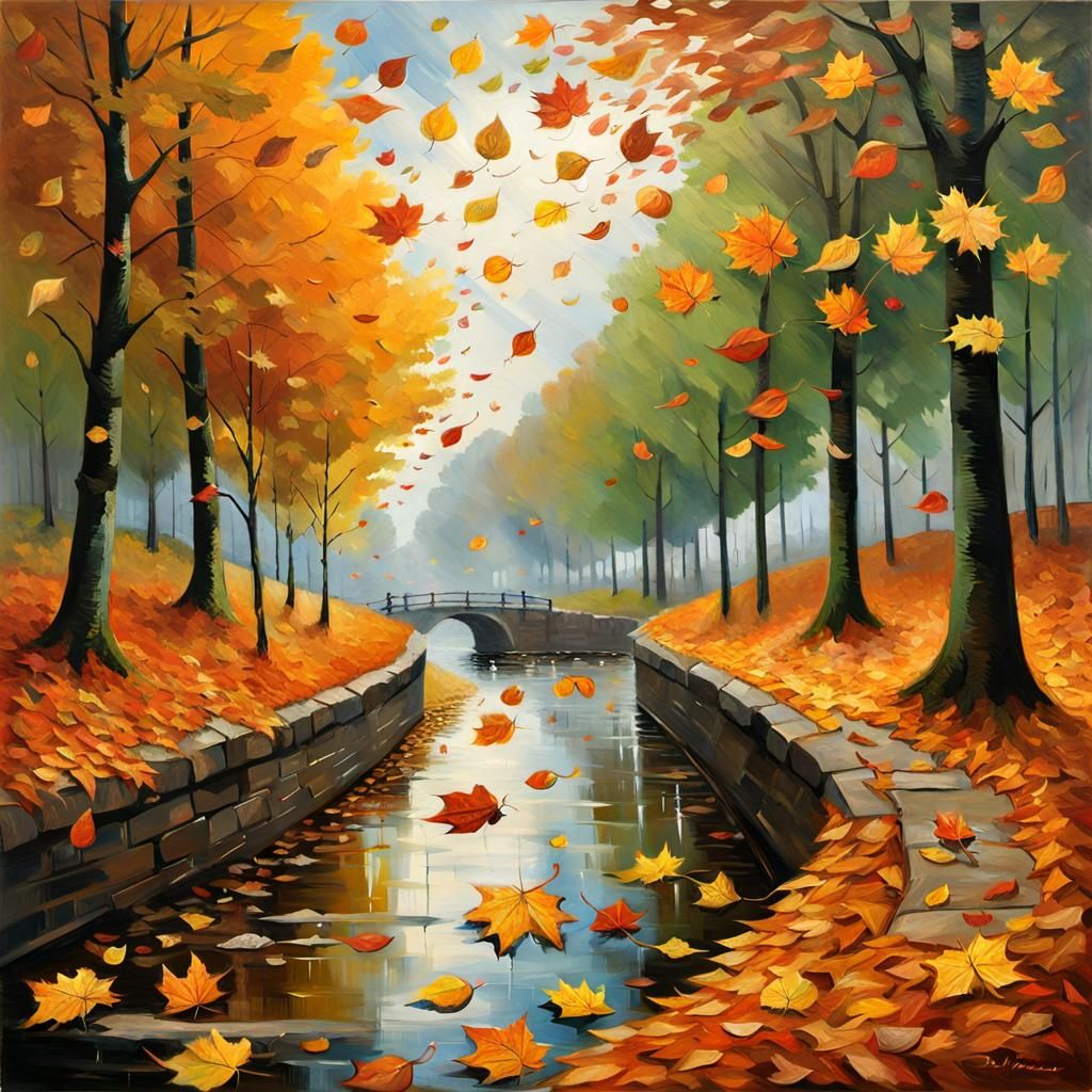 Windy Autumn Day in the City: An Oil Painting