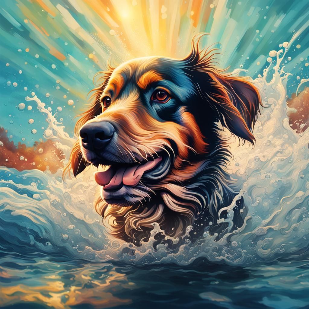 Dog Swimming: Hyperrealistic Splash Art in Ocean