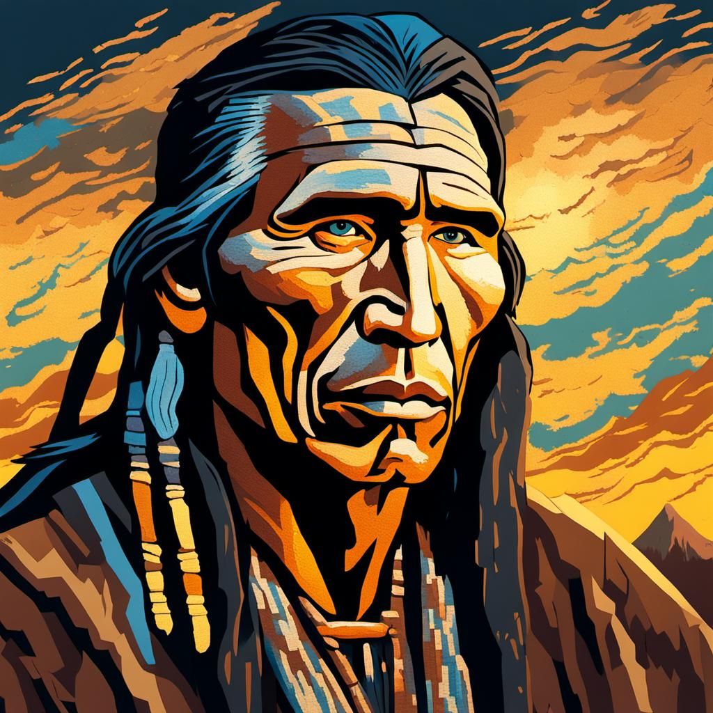 An old  Native American man staring into the camera with lon...