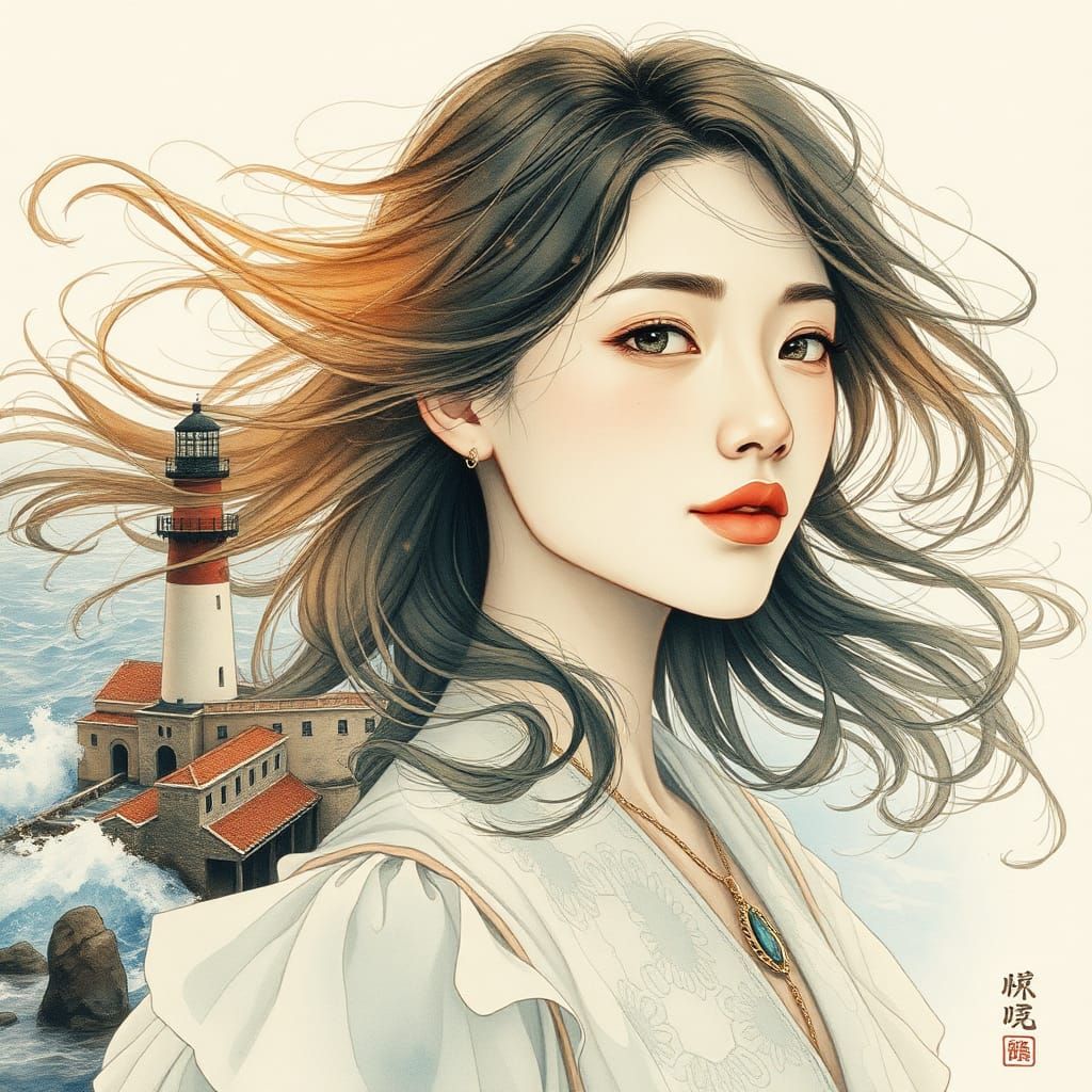 Ethereal Woman and Lighthouse Double Exposure Portrait