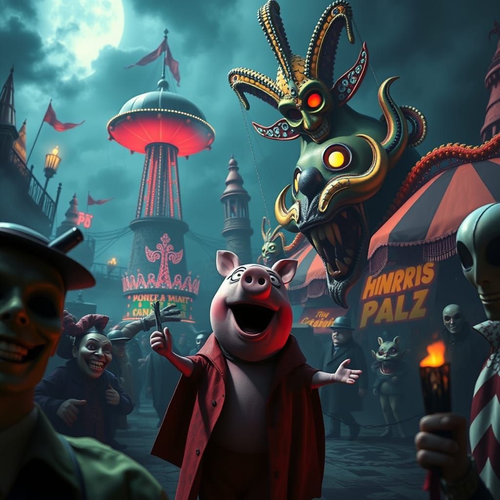 Dark Carnaval Scene with Peppa Pig as a Serial Killer