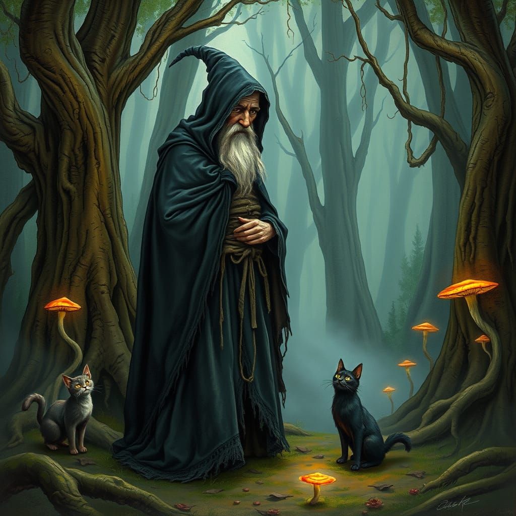 Baba Yaga in Misty Forest with Cats