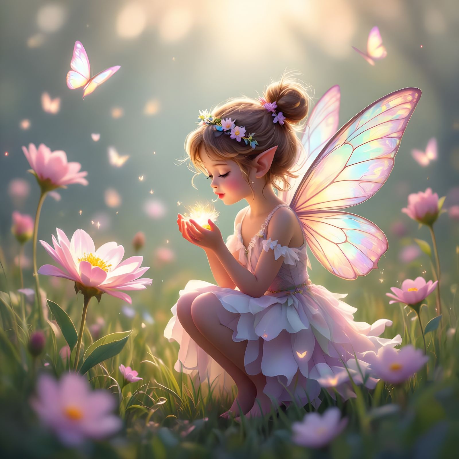 Tiny Fairy Sipping Nectar in Magical Meadow as Disney Animat...