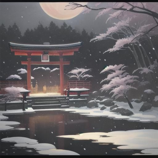 Samurai in Snowy Japanese Garden: Ukiyo-e Print