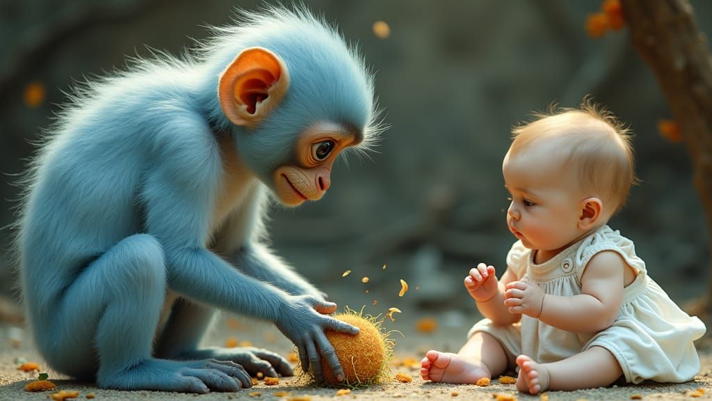 Serene Blue Monkey Infant Plays in Akasha Chronicle of Life,...