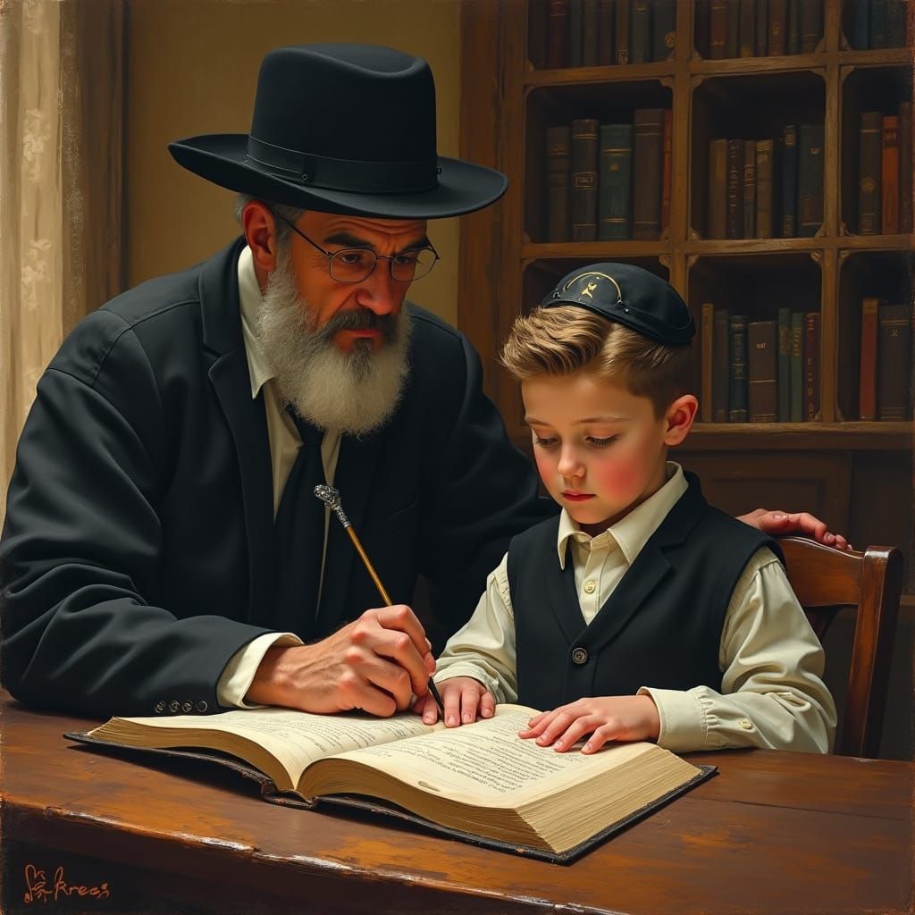 Boy and Rabbi Studying, Expressive Painting Style