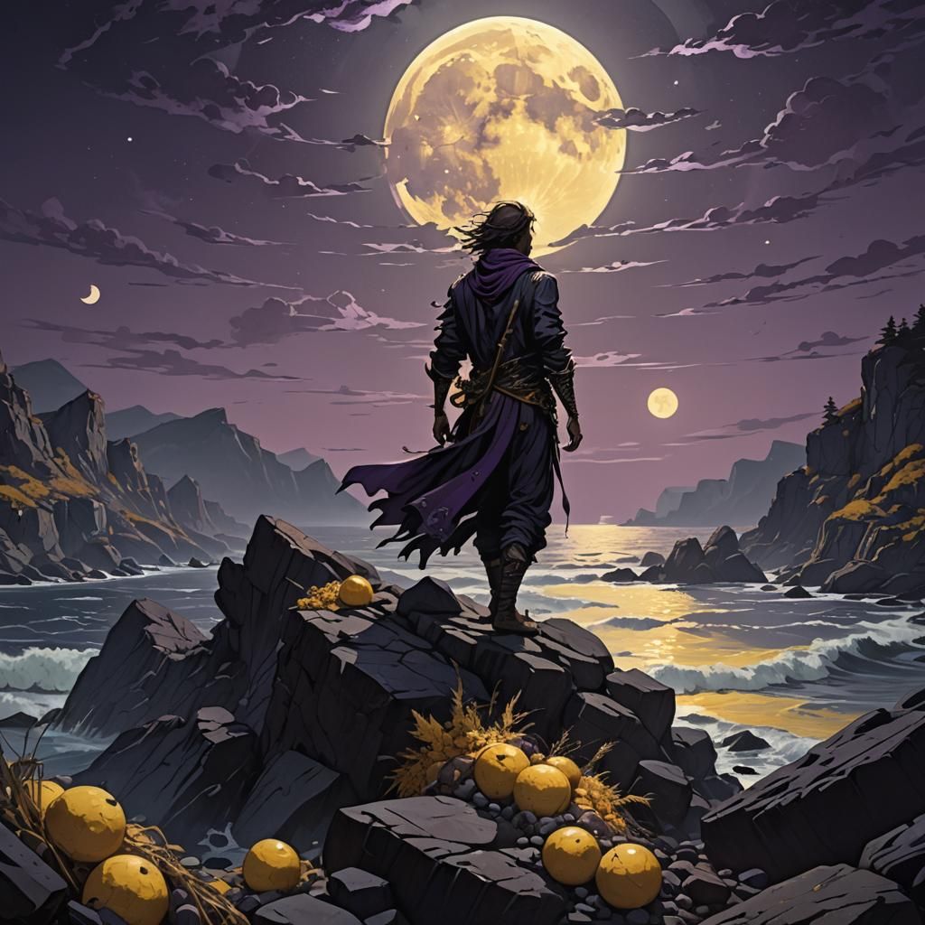 Dark Fantasy Figure on Rocky Shoreline at Night