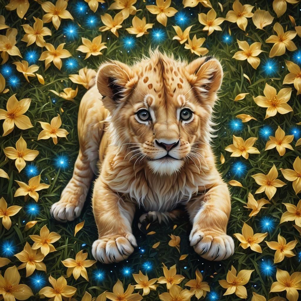 Adorable Baby Lion Cub in Magical Garden