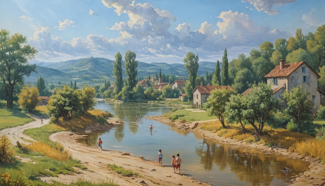 Surreal Children Swimming in River, Salvador Dali Style