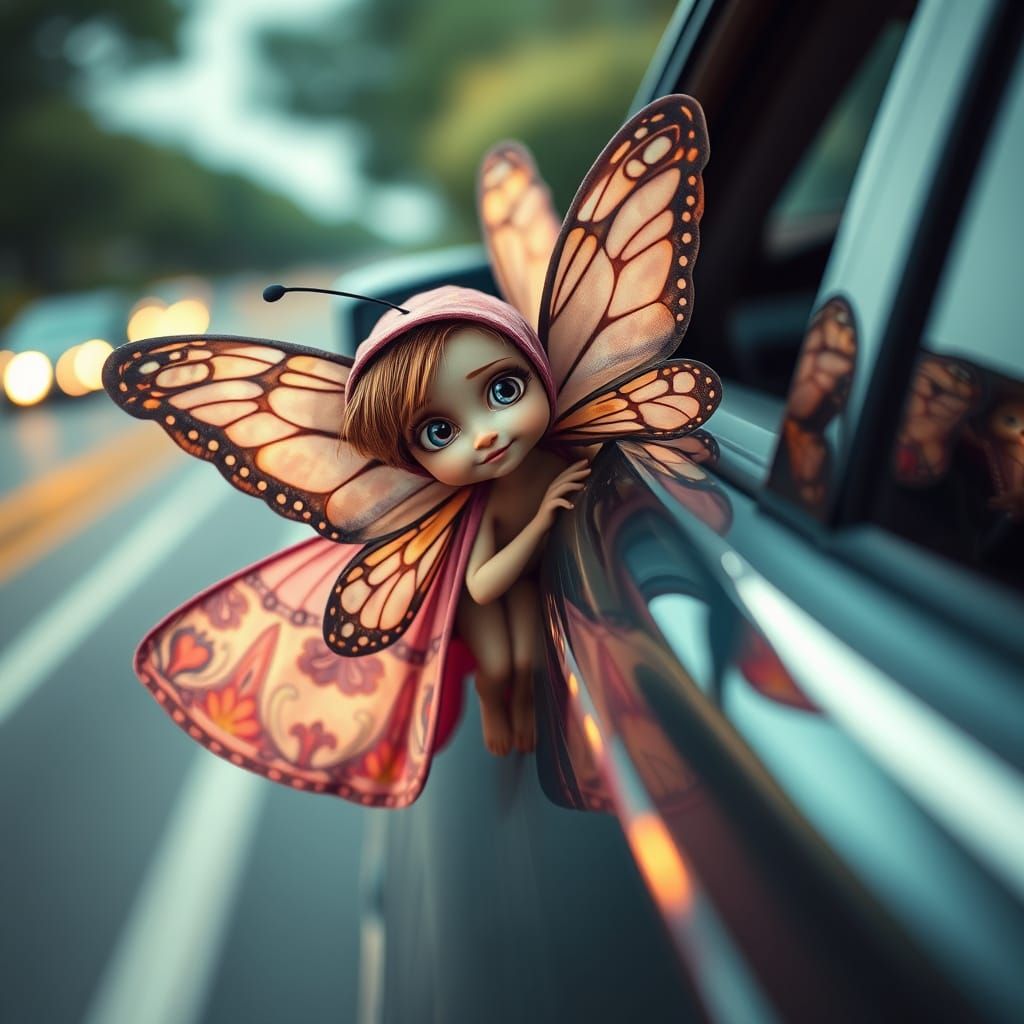 Butterfly Hitchhiker on a Speeding Car Mirror