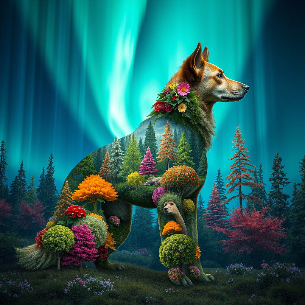 Dog Silhouette with Aurora Borealis in Surreal Style