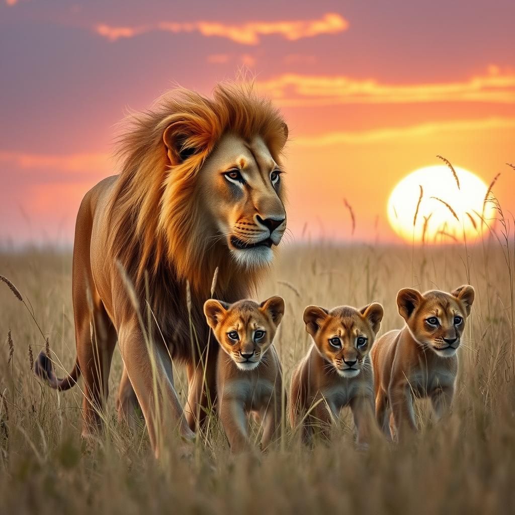 Lion Family Stroll on Savannah in Golden Light
