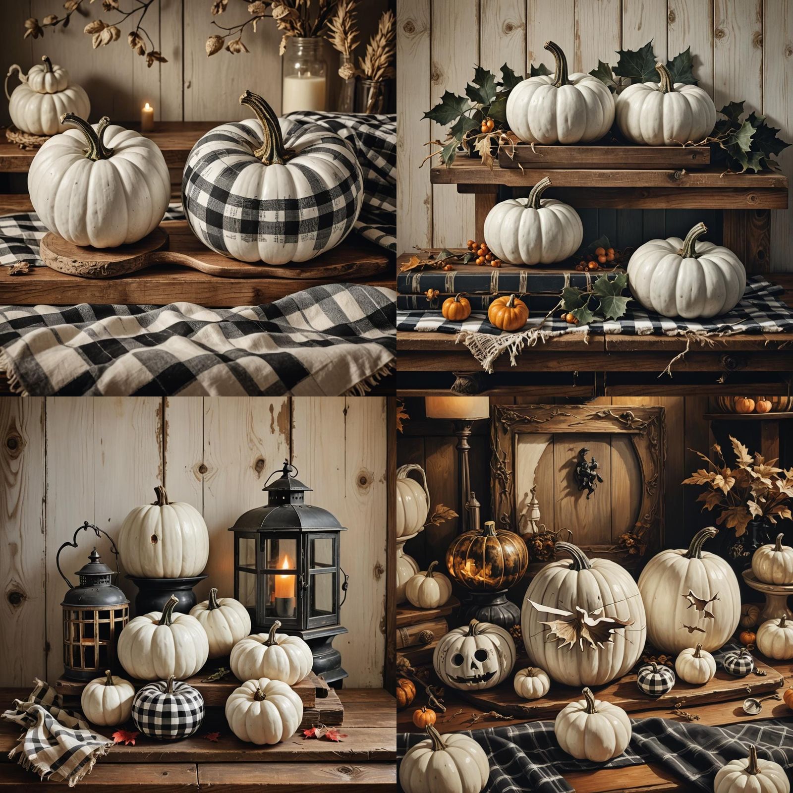 Farmhouse Still Life: White Pumpkins with Plaid Accents