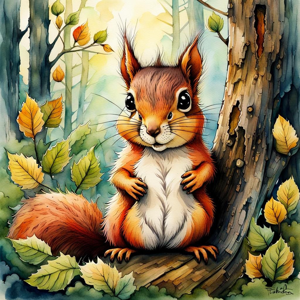 Chibi Squirrel in Watercolor, Pen, and Ink