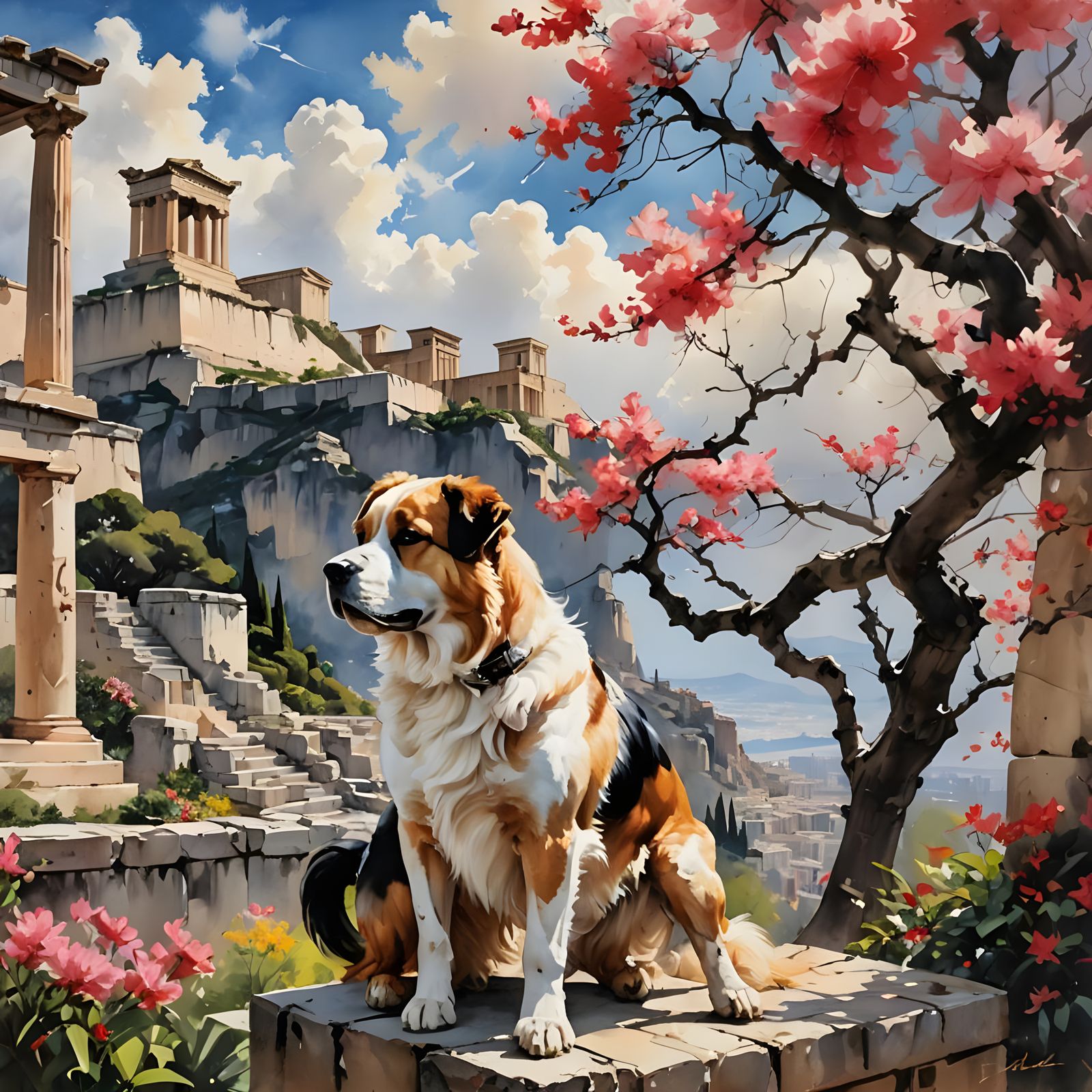 Acropolis Among Azaleas in Ink Wash Style