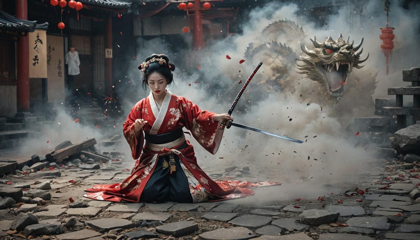 Geisha with Samurai Sword and Headphones