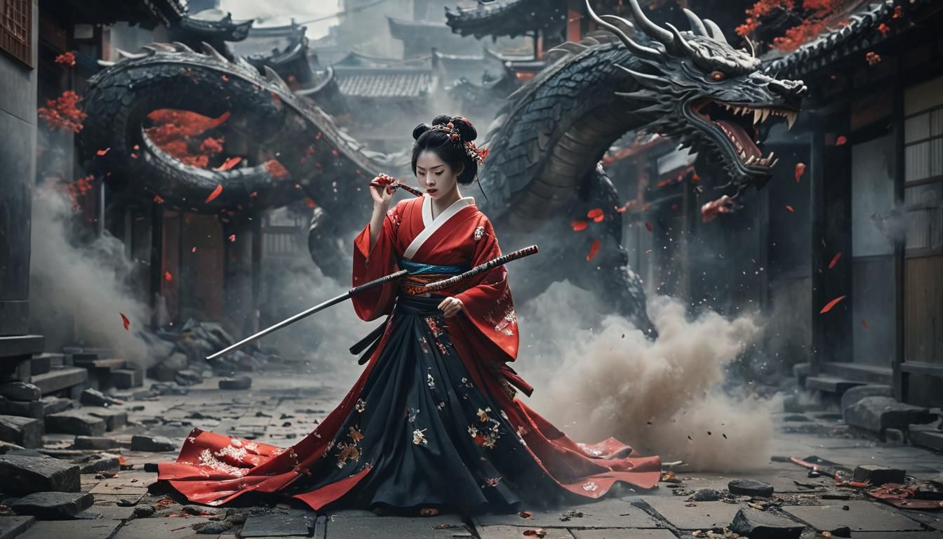 Hyperreal Geisha with Samurai Sword and Headphones