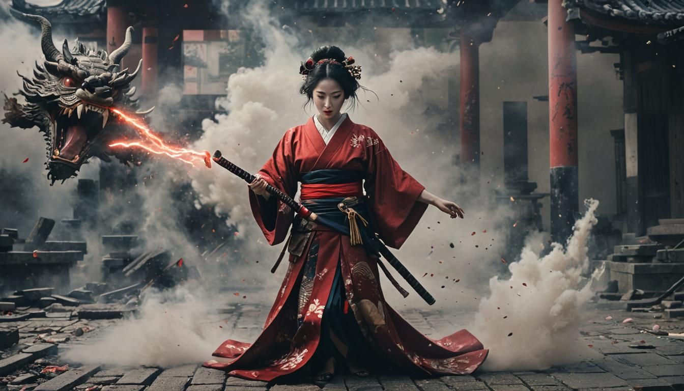 Geisha with Samurai Sword in Hyperreal Detail