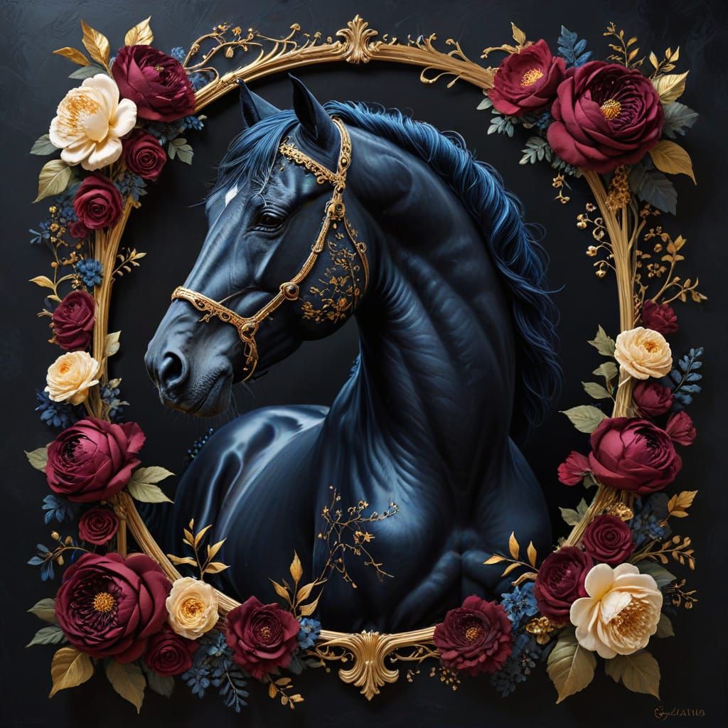 Majestic Black Horse in Rococo Floral Frame