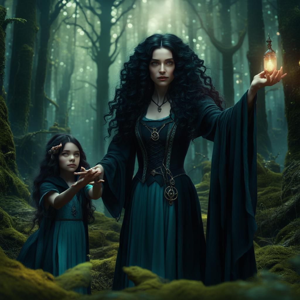 Sorceress Teaching Magic in Forest: Fantasy Concept Art