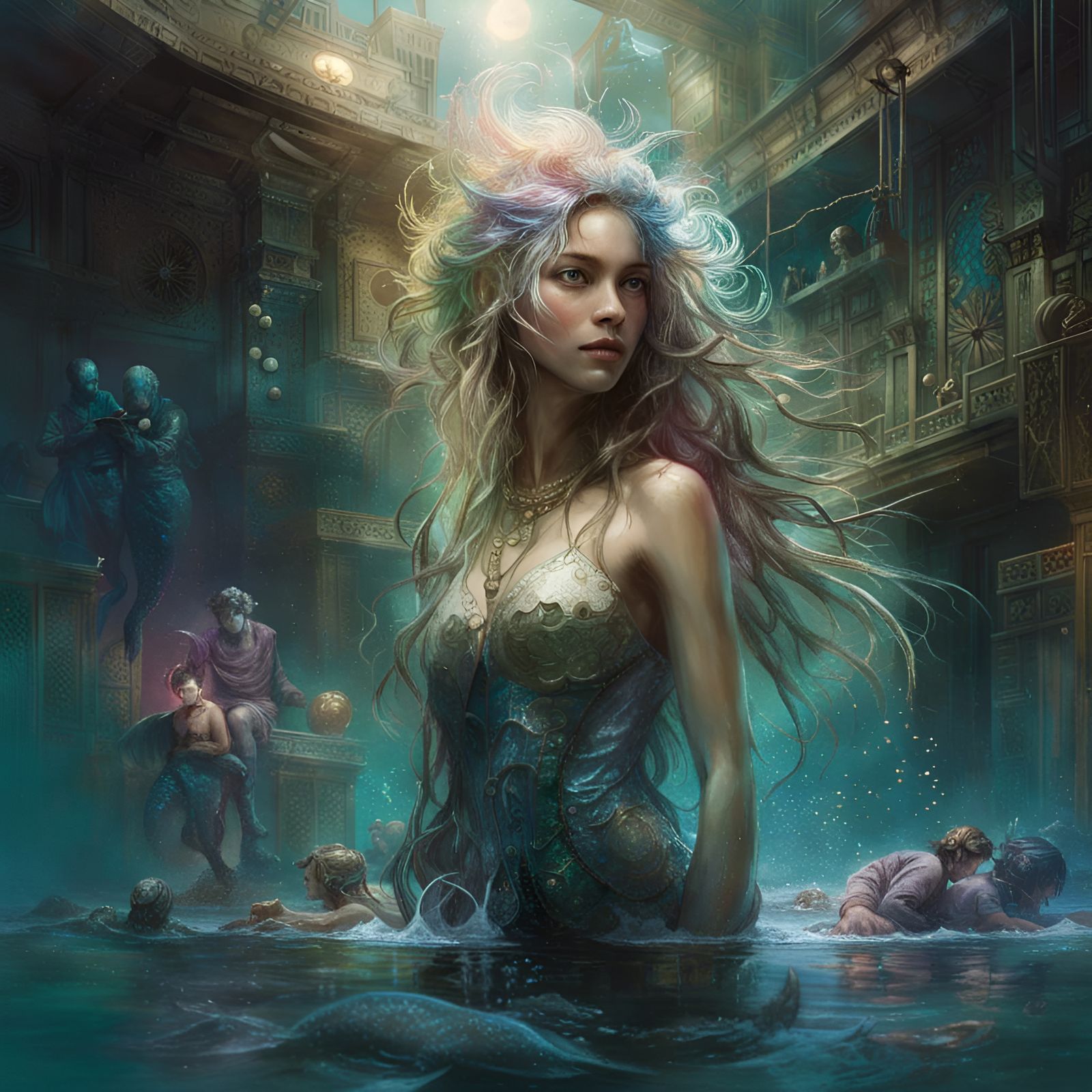 Iridescent Mermaid in Oasis: Detailed Album Cover Art