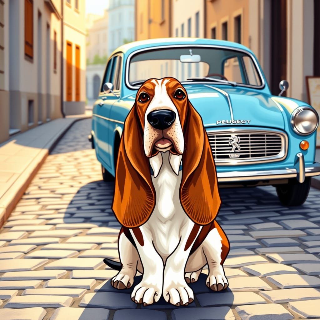 Basset Hound & Vintage Peugeot 502 on Cobblestone Street