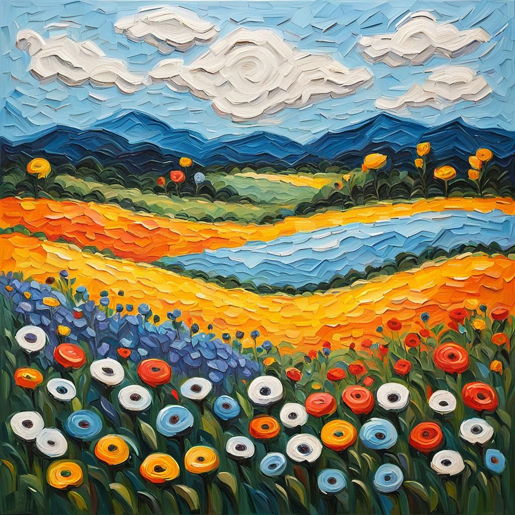 Impasto Painting of a Colorful Flower Field