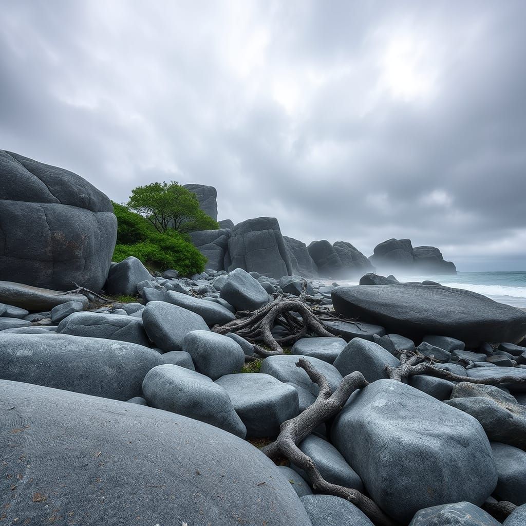Serene Beachscape in Cyberpunk Realism