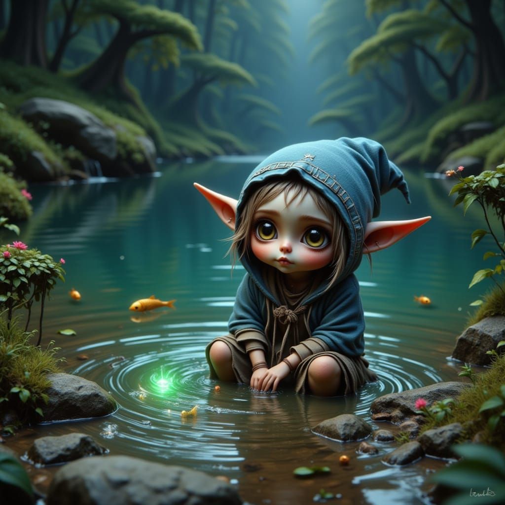 Cute Goblin by Crystal Lake in Magical Forest