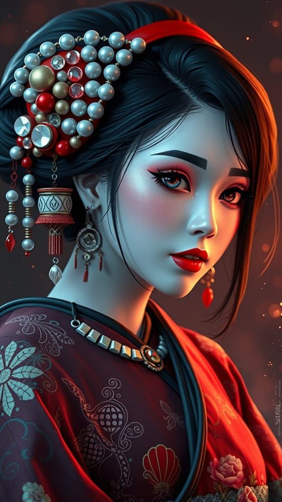 Ethereal Geisha Goddess in Hyper-Realistic Cyberpunk Style