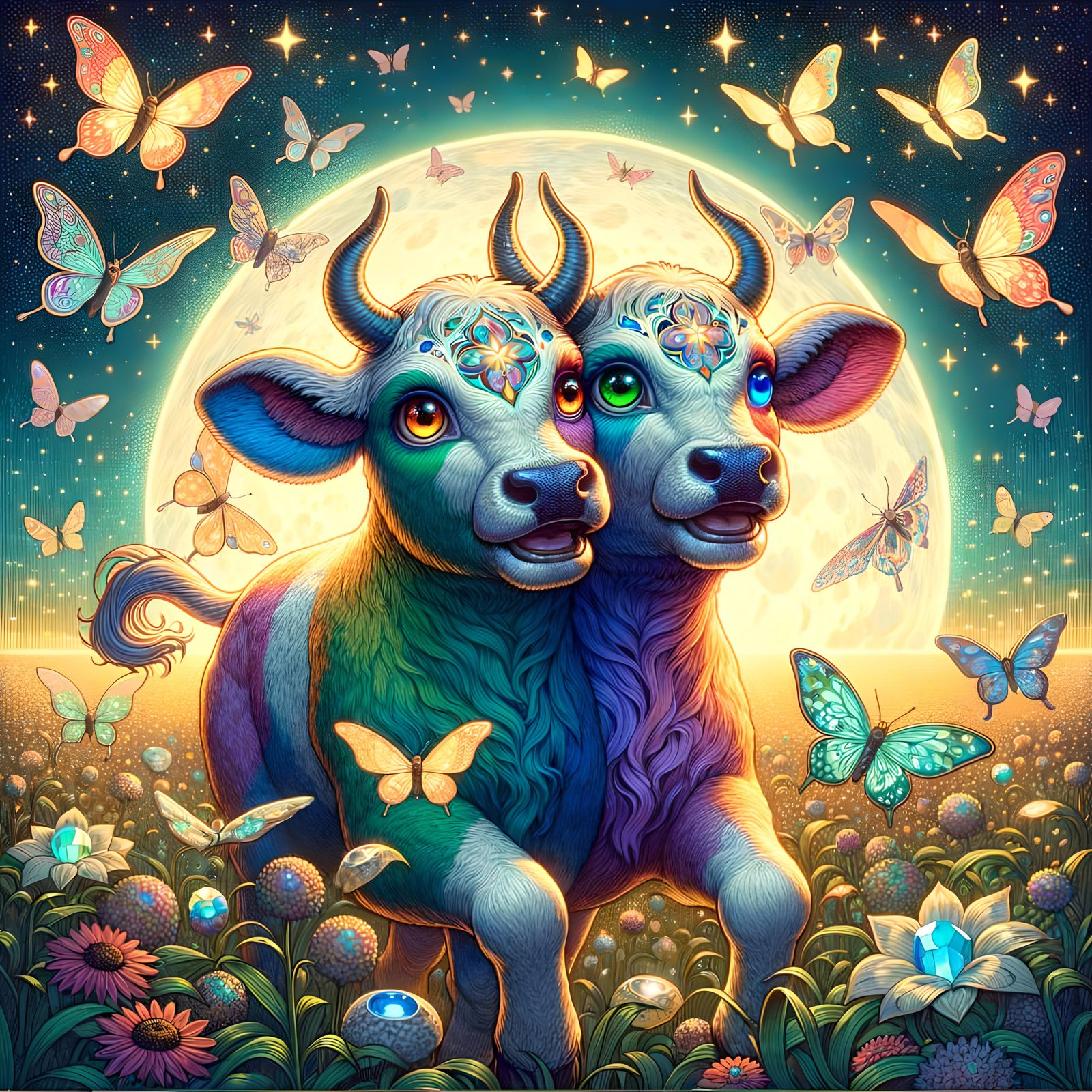 Two-Headed Calf with Lunar Moths in Fantasy Meadow