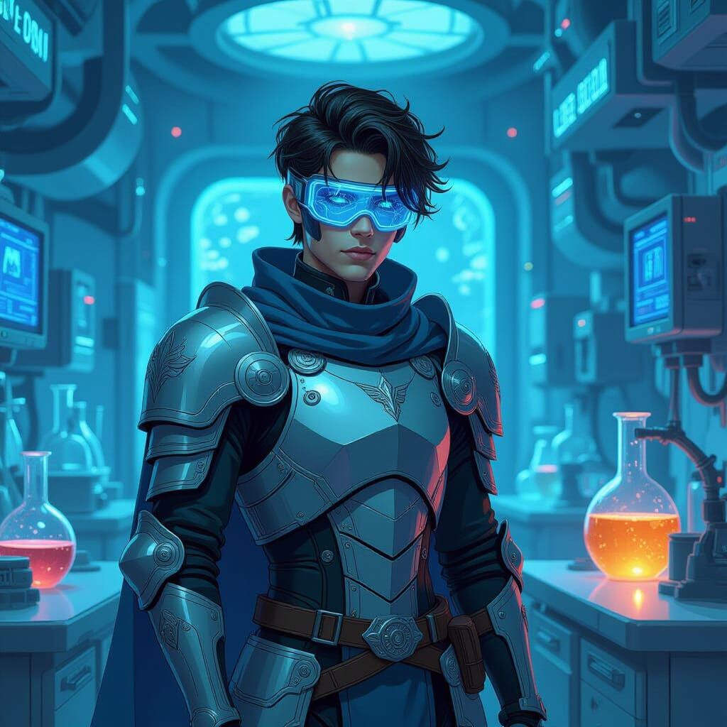 Futuristic Knight in High-Tech Lab, Art Nouveau Style
